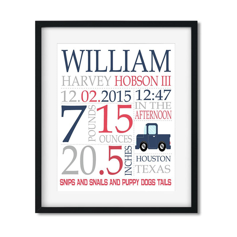 Truck - Baby Boy Stats - Art Print - Netties Expressions